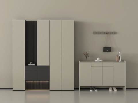 现代玄关鞋柜 高柜 木材 换鞋凳 摆件 装饰柜 边柜su模型