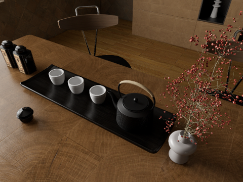  新中式茶艺摆件su模型 