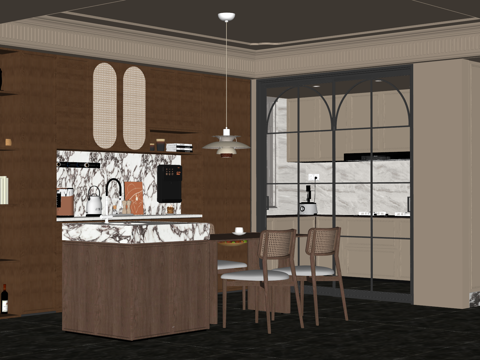 中古侘寂风餐厅 餐桌椅组合 餐边柜 吊灯 绿植摆件su模型