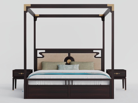  新中式双人床 新中式床头柜  复古中式床 传统床3d模型 
