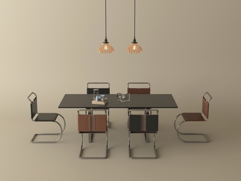 现代餐桌椅组合 金属餐桌椅 包豪斯椅子 吊灯su模型