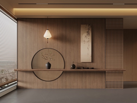 新中式玄关 装饰背景墙su模型