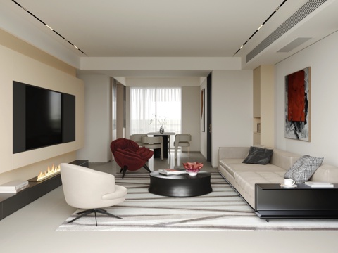 现代意式客餐厅 意式轻奢客餐厅 横厅大平层 沙发茶几su模型