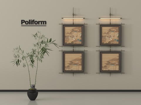 新中式挂画组合 装饰挂画 壁灯su模型