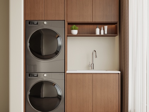 中古风洗衣机柜 阳台柜su模型