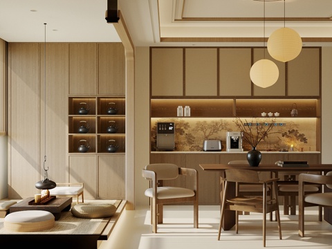 新中式禅意家居餐厅 中式餐厅 宋式美学餐厅 中古风餐厅su模型