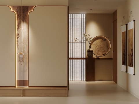 中古风入户玄关 原木风玄关柜 端景台玄关 别墅玄关 玄关背景su模型