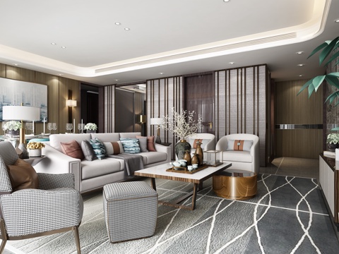  现代轻奢别墅客餐厅3d模型 