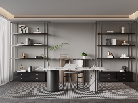 现代意式书房 书柜 书架 置物架su模型