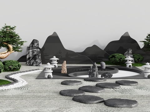  新中式庭院 小品 景观 松树 石头 新中式摆件 园林3d模型 