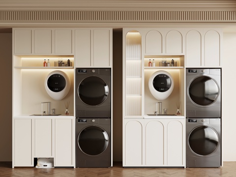 法式奶油风洗衣房 洗衣机柜 浴室柜 阳台柜su模型