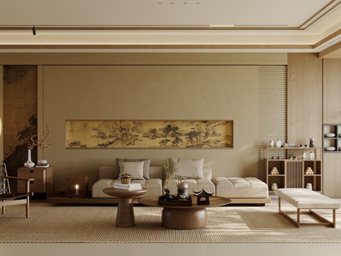 新中式禅意家居客厅 中式客厅 宋式美学客厅 无主灯客厅 斗柜su模型