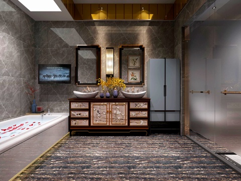  新中式中式卫生间 浴缸 洗手盆3d模型 