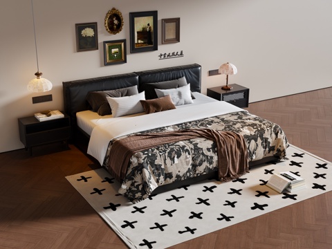  法式中古风双人床 皮质双人床 床头柜 挂画 地毯3d模型 