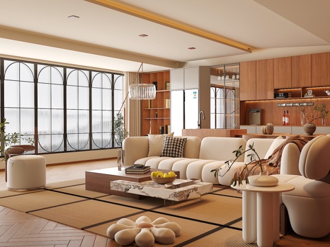 中古侘寂风客餐厅 沙发茶几组合 餐桌椅组合  饰品摆件 台灯su模型