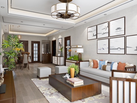  新中式客餐厅3D模型 沙发组合 茶几 电视柜 餐桌椅鱼缸3d模型 