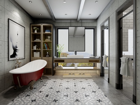  现代工业风卫生间 现代卫生间 欧式浴缸 混搭卫生间3d模型 