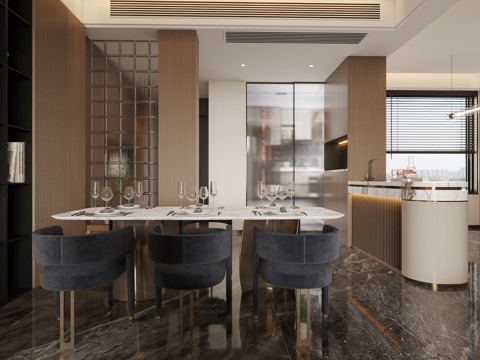  现代意式岛台餐厅 轻奢意式餐厅 开放式餐厅 岛台餐桌椅3d模型 