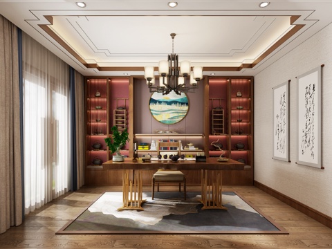  新中式现代书房3d模型 