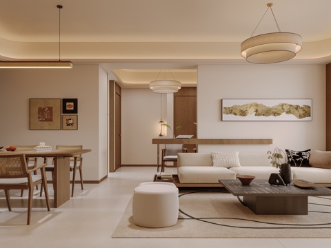  现代中古风客餐厅3d模型 