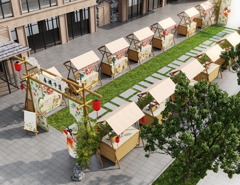 新中式古风集市 集市摊位 集市美陈su模型