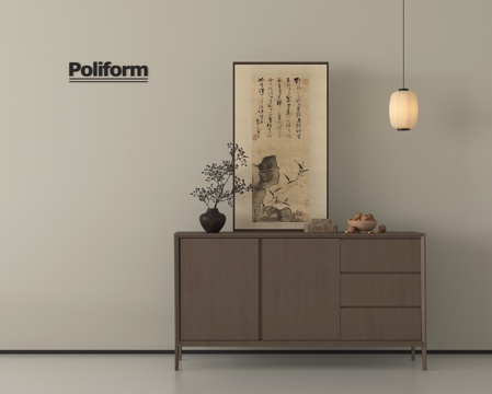 新中式玄关柜 斗柜 装饰柜 挂画 盆栽su模型