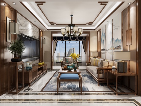  新中式客餐厅 新中式沙发组合 电视柜 餐桌椅 电视3d模型 