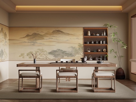 新中式茶室 茶桌椅su模型