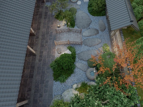  日式庭院 日式枯山水庭院 禅意庭院景观 石板小径绿植3d模型 