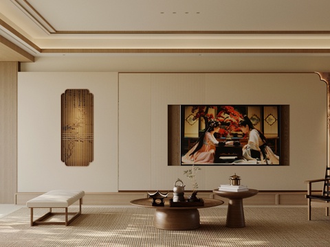 新中式禅意家居客厅 电视背景墙 宋式美学背景墙 客厅背景墙su模型