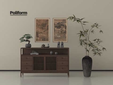 新中式玄关柜 斗柜 装饰柜 木材 挂画 盆栽su模型