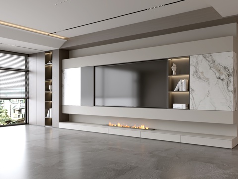 现代简约客厅 轻奢电视背景墙 满墙电视柜 木饰面背景墙su模型