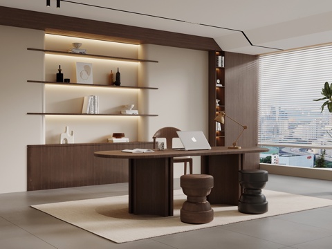 中古风书房 书柜 书桌椅su模型