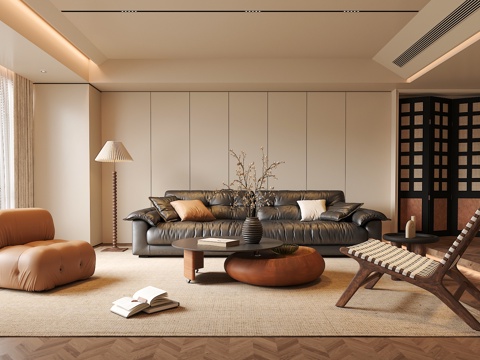 中古侘寂风客厅 沙发茶几组合 绿植 饰品摆件 台灯  背景墙su模型