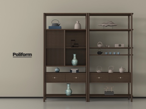 新中式博古架 实木收纳柜 置物架 摆件su模型