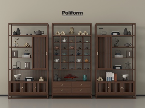 新中式博古架 实木收纳柜 置物架 摆件su模型