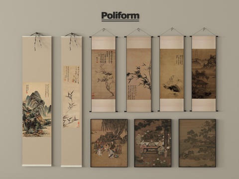 新中式挂画组合 装饰挂画 字画 画卷su模型