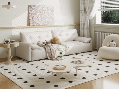 现代奶油风沙发茶几组合su模型