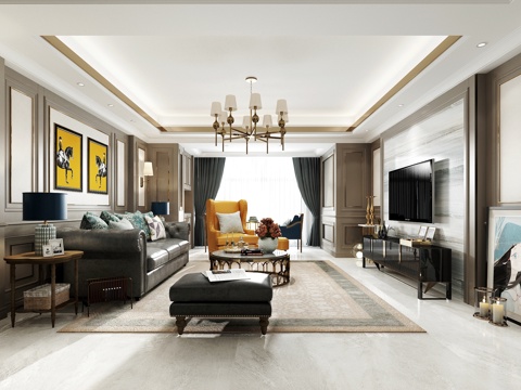  美式轻奢客厅餐厅过道3d模型 