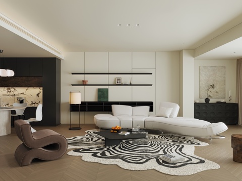 现代极简客餐厅 横厅 大平层 黑白客餐厅3d模型