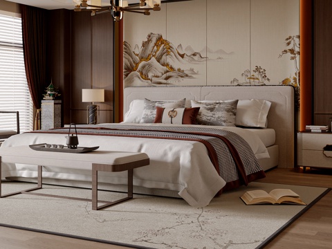  新中式中式双人床 宋式风双人床 主卧床 床头柜 布艺床3d模型 