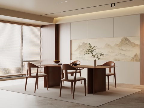 中古风餐厅 餐桌椅 背景墙su模型