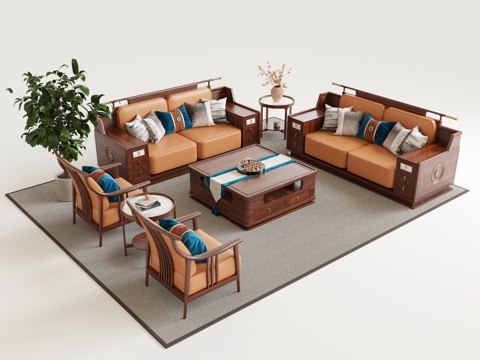 新中式客厅  沙发茶几组合su模型
