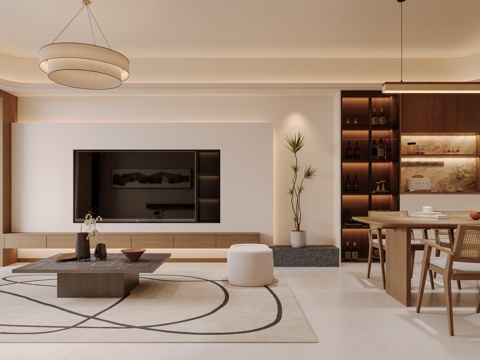  现代中古风客餐厅3d模型 