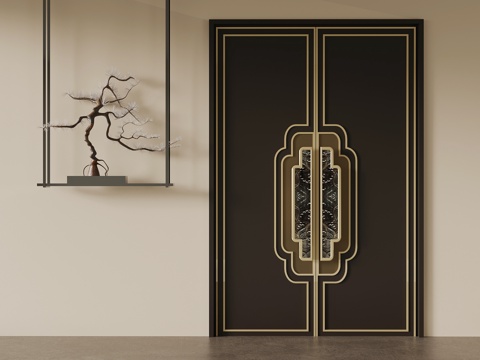 新中式双开门 入户门su模型