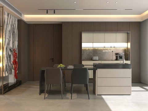 现代意式岛台餐厅 轻奢意式餐厅 开放式餐厅 岛台餐桌椅su模型