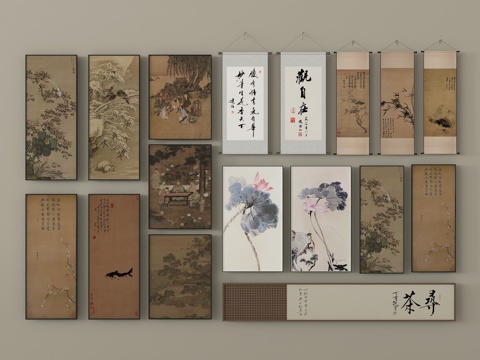 新中式挂画组合 装饰挂画 字画 画卷su模型