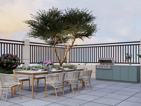 现代户外露台 庭院花园 洞石岩板餐桌椅 一桌八椅 金属铝合金su模型