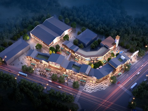  古镇商业街鸟瞰3d模型 