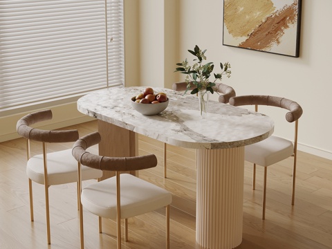 现代奶油风餐桌椅su模型